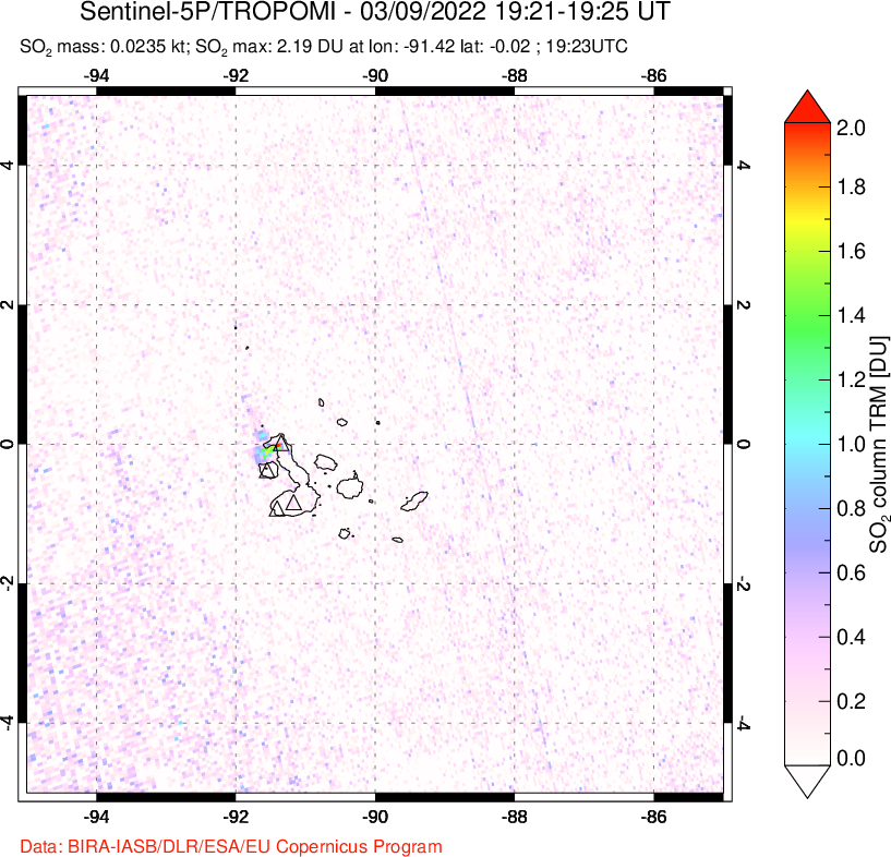 A sulfur dioxide image over Galápagos Islands on Mar 09, 2022.