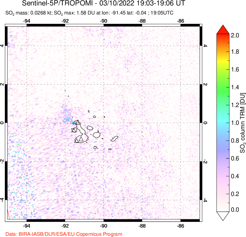A sulfur dioxide image over Galápagos Islands on Mar 10, 2022.