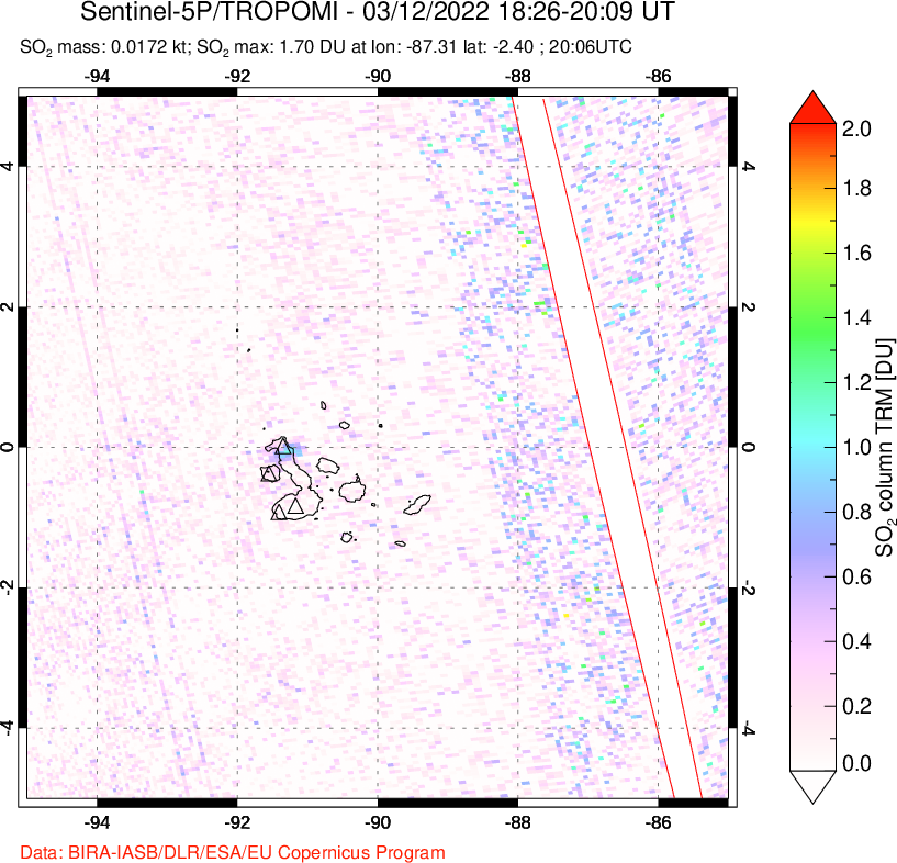 A sulfur dioxide image over Galápagos Islands on Mar 12, 2022.