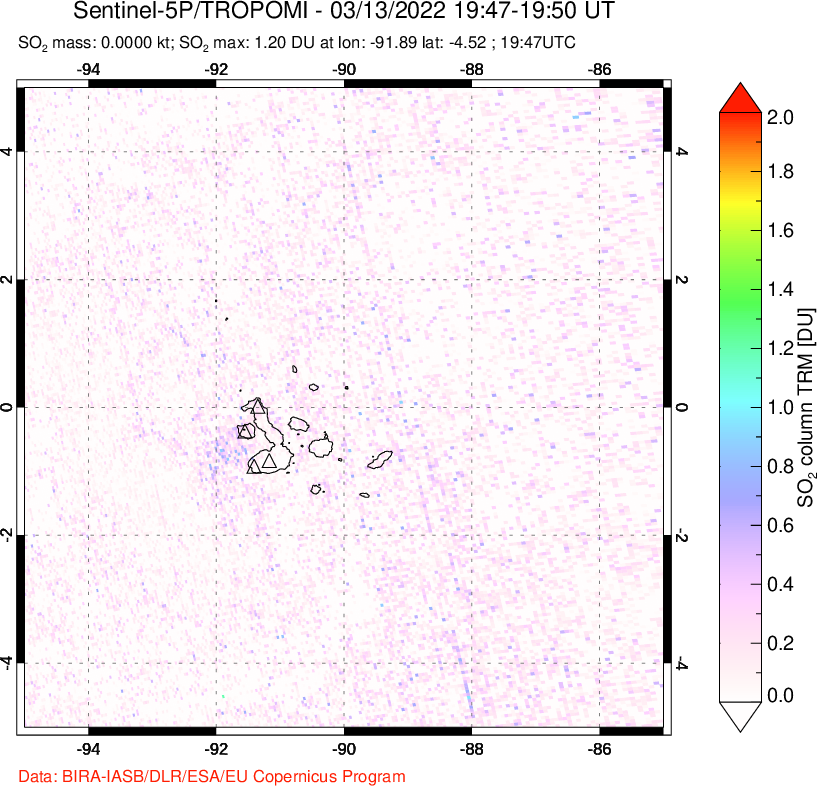 A sulfur dioxide image over Galápagos Islands on Mar 13, 2022.