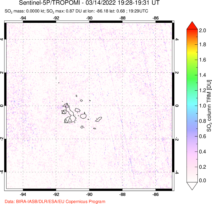 A sulfur dioxide image over Galápagos Islands on Mar 14, 2022.