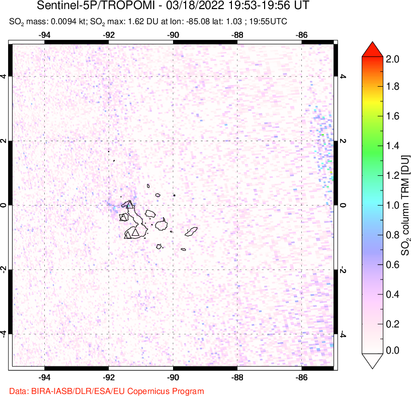 A sulfur dioxide image over Galápagos Islands on Mar 18, 2022.