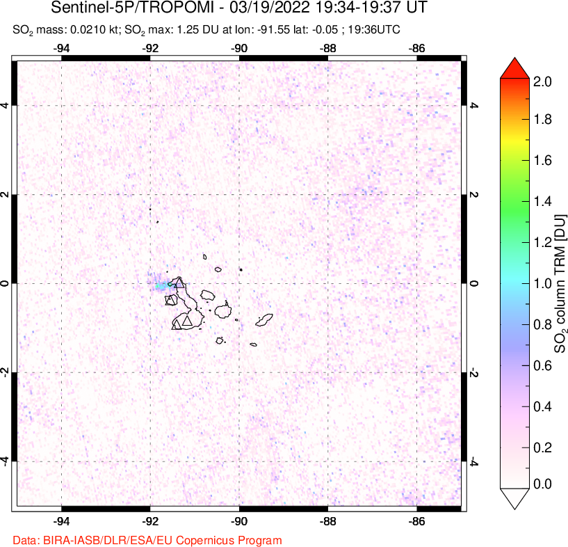A sulfur dioxide image over Galápagos Islands on Mar 19, 2022.