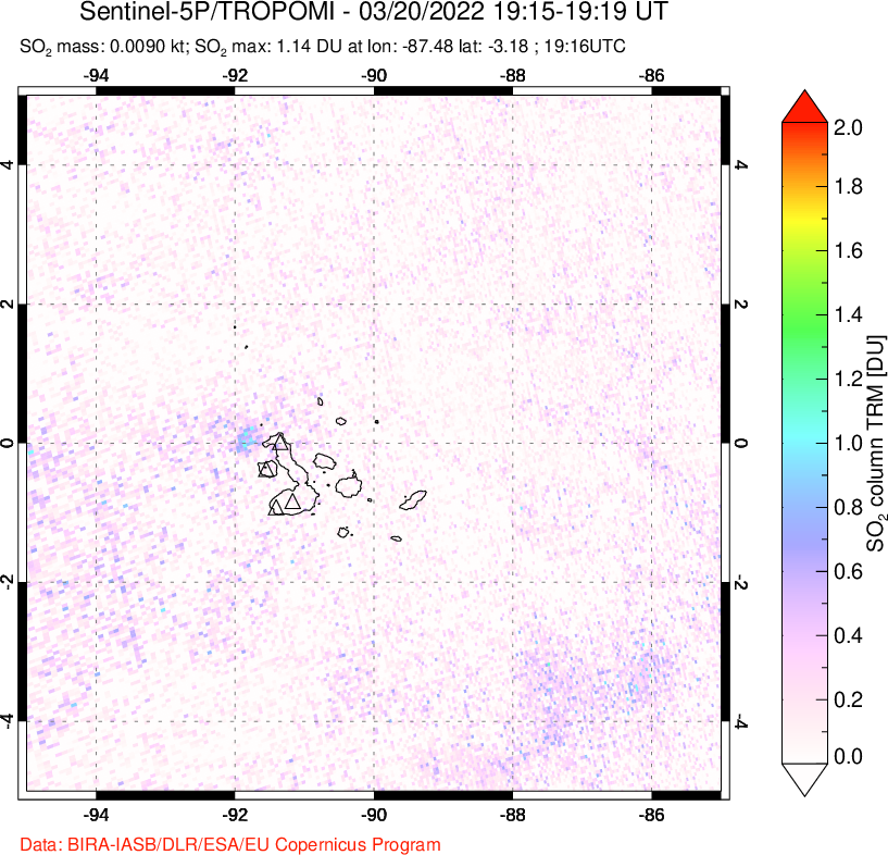 A sulfur dioxide image over Galápagos Islands on Mar 20, 2022.