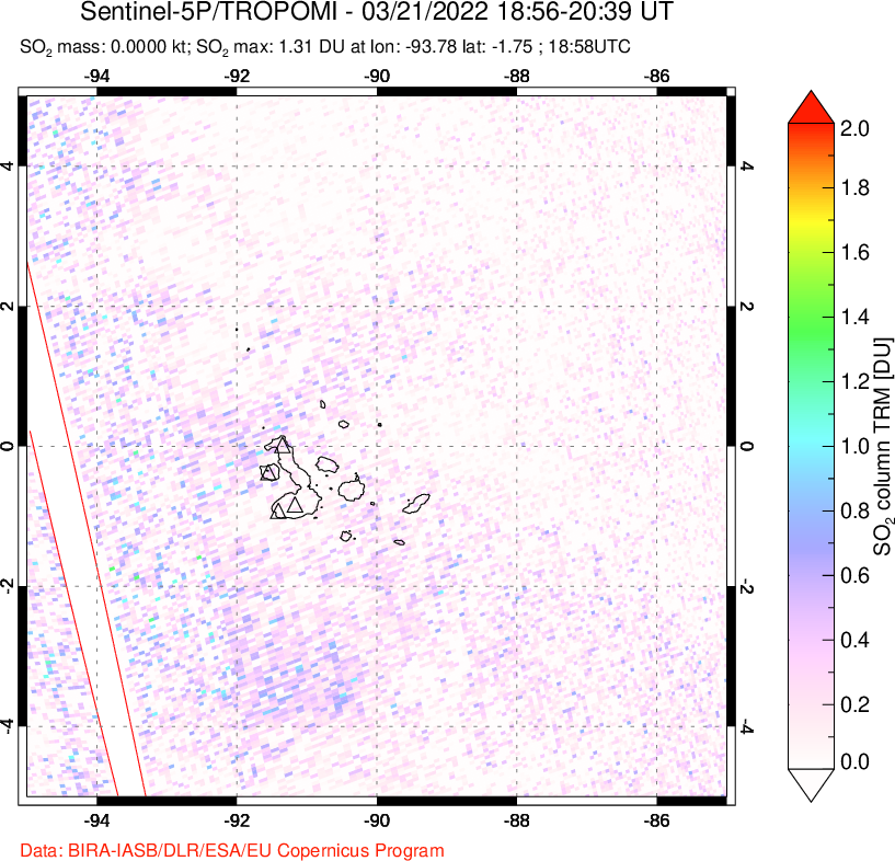 A sulfur dioxide image over Galápagos Islands on Mar 21, 2022.
