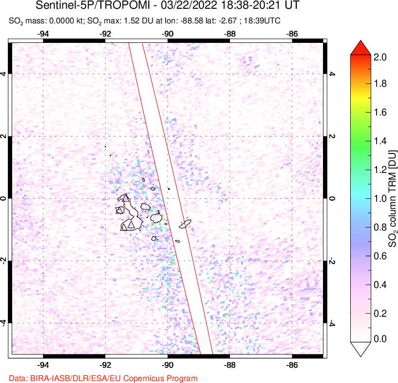 A sulfur dioxide image over Galápagos Islands on Mar 22, 2022.