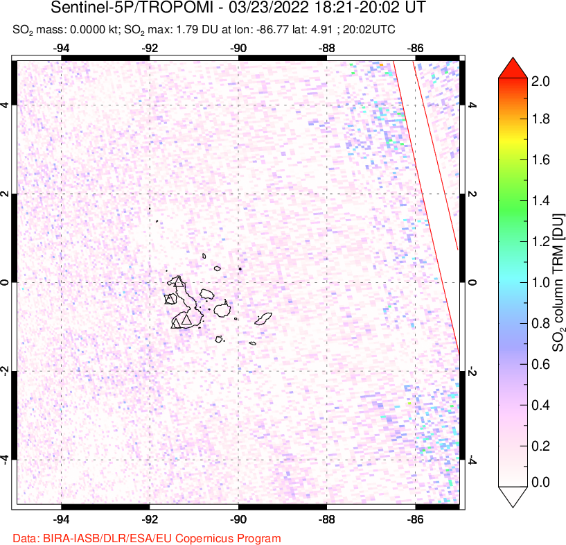 A sulfur dioxide image over Galápagos Islands on Mar 23, 2022.