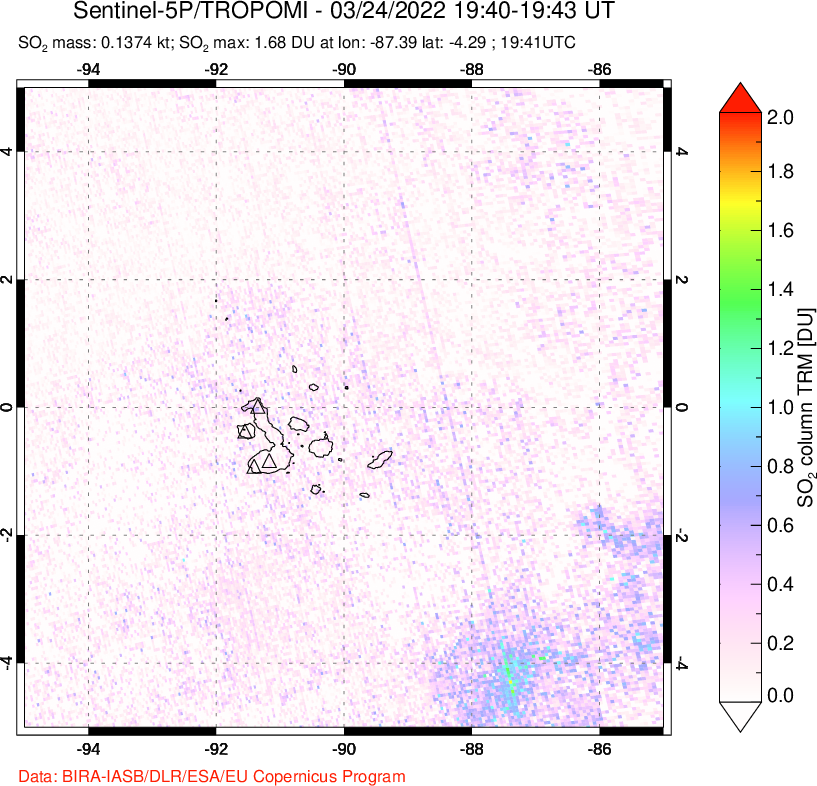A sulfur dioxide image over Galápagos Islands on Mar 24, 2022.