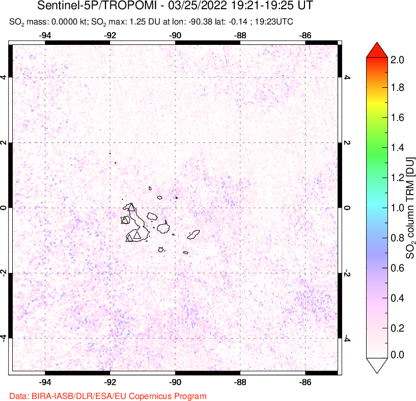 A sulfur dioxide image over Galápagos Islands on Mar 25, 2022.