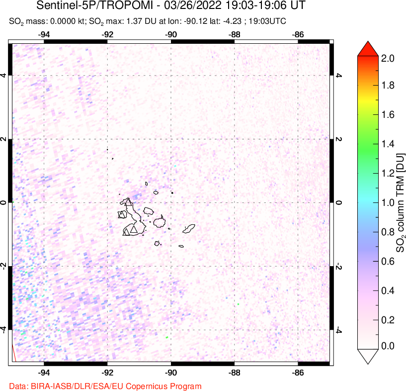 A sulfur dioxide image over Galápagos Islands on Mar 26, 2022.