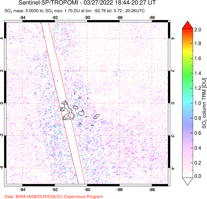 A sulfur dioxide image over Galápagos Islands on Mar 27, 2022.