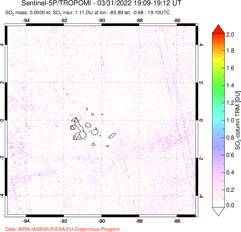 A sulfur dioxide image over Galápagos Islands on Mar 31, 2022.