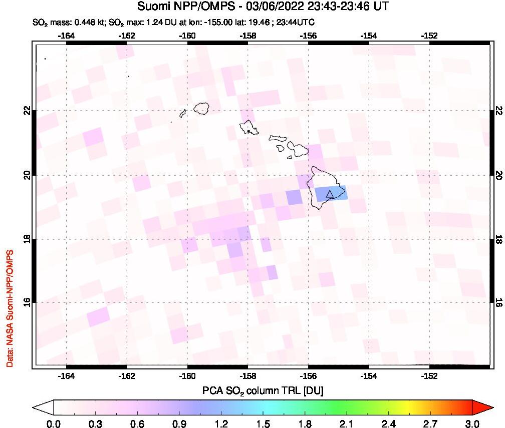 A sulfur dioxide image over Hawaii, USA on Mar 06, 2022.