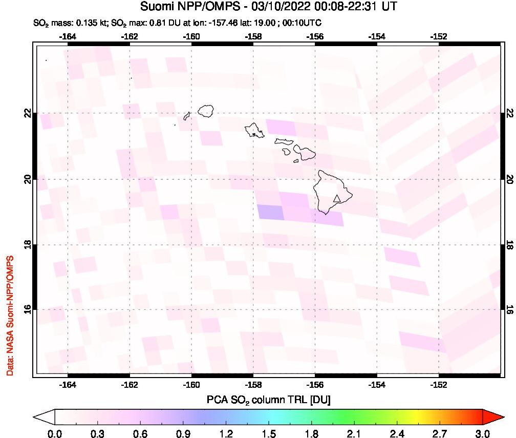 A sulfur dioxide image over Hawaii, USA on Mar 10, 2022.