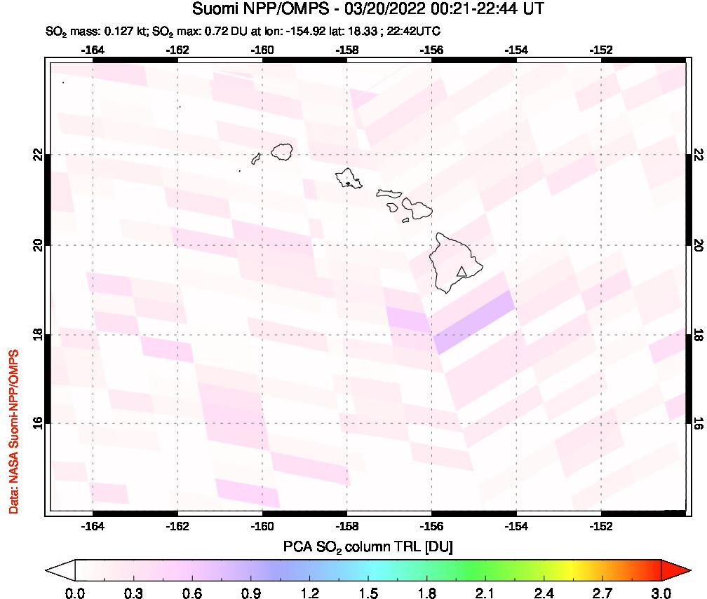 A sulfur dioxide image over Hawaii, USA on Mar 20, 2022.