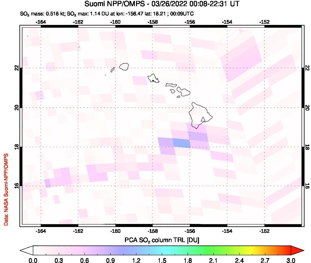 A sulfur dioxide image over Hawaii, USA on Mar 26, 2022.