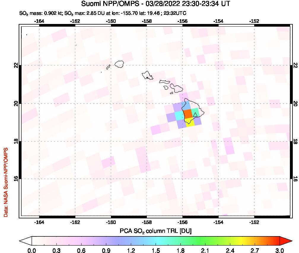 A sulfur dioxide image over Hawaii, USA on Mar 28, 2022.