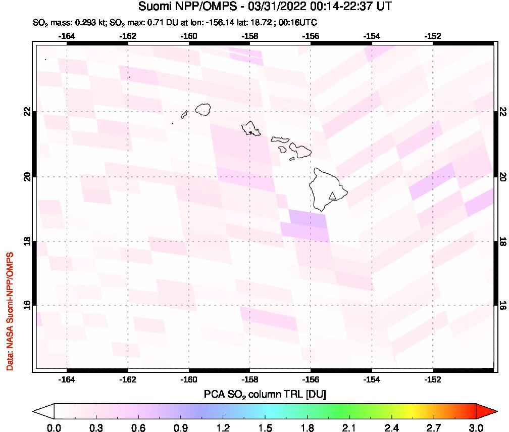 A sulfur dioxide image over Hawaii, USA on Mar 31, 2022.