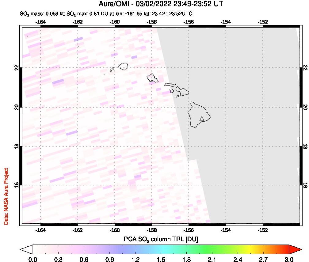 A sulfur dioxide image over Hawaii, USA on Mar 02, 2022.