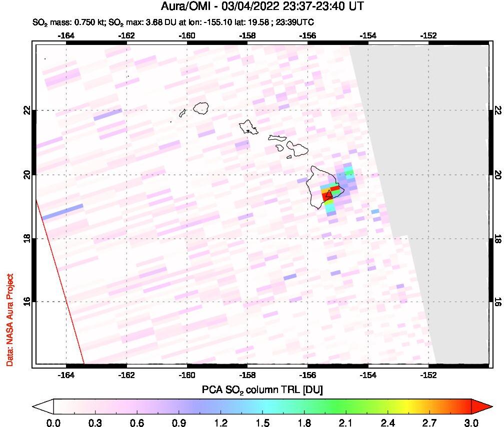 A sulfur dioxide image over Hawaii, USA on Mar 04, 2022.