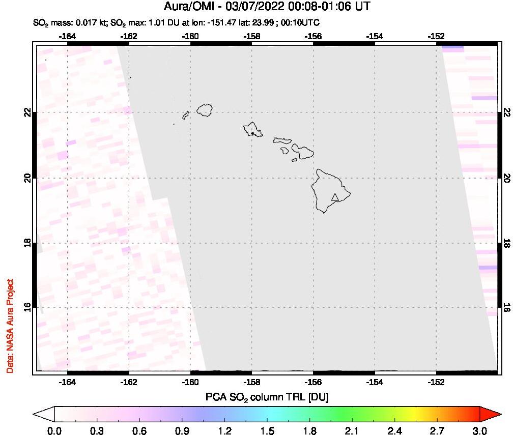 A sulfur dioxide image over Hawaii, USA on Mar 07, 2022.