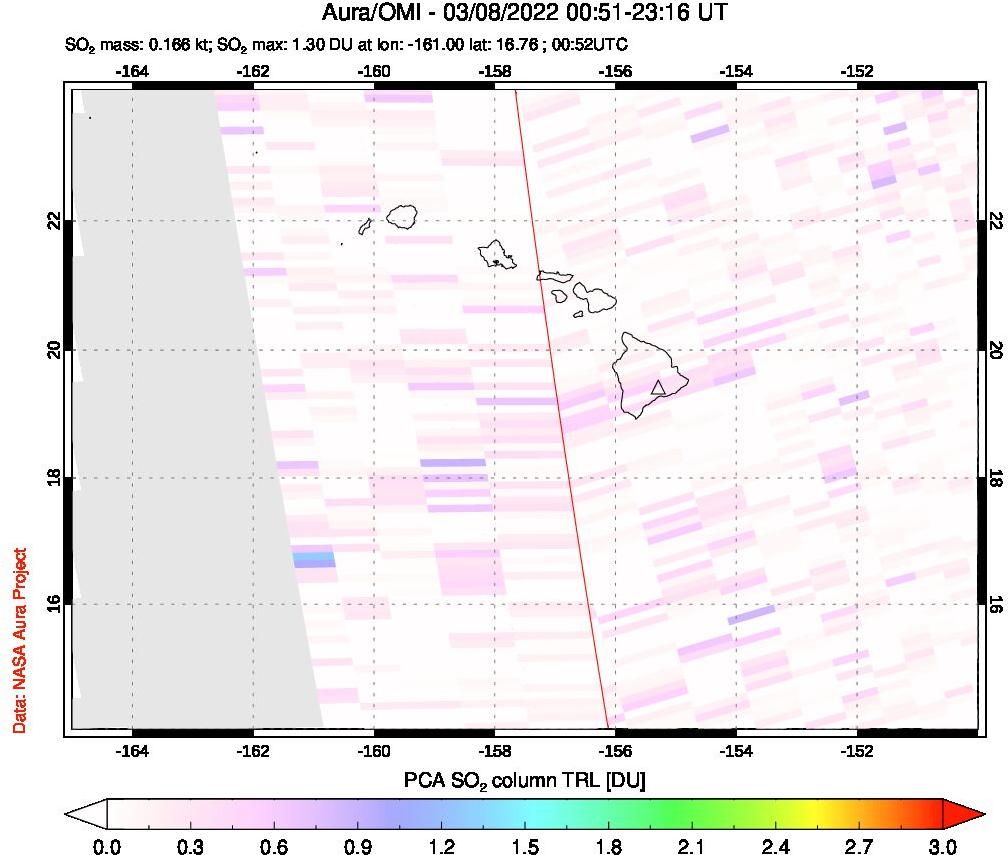 A sulfur dioxide image over Hawaii, USA on Mar 08, 2022.