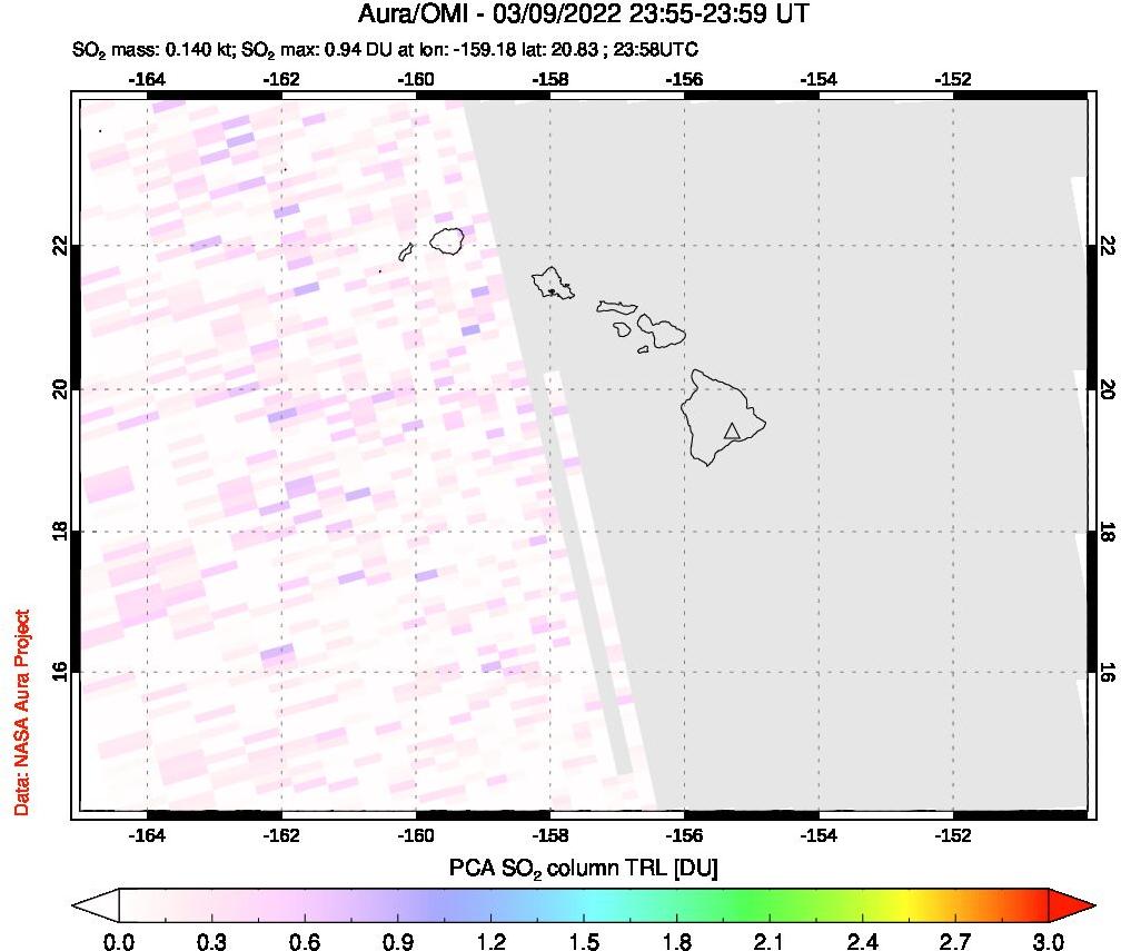 A sulfur dioxide image over Hawaii, USA on Mar 09, 2022.