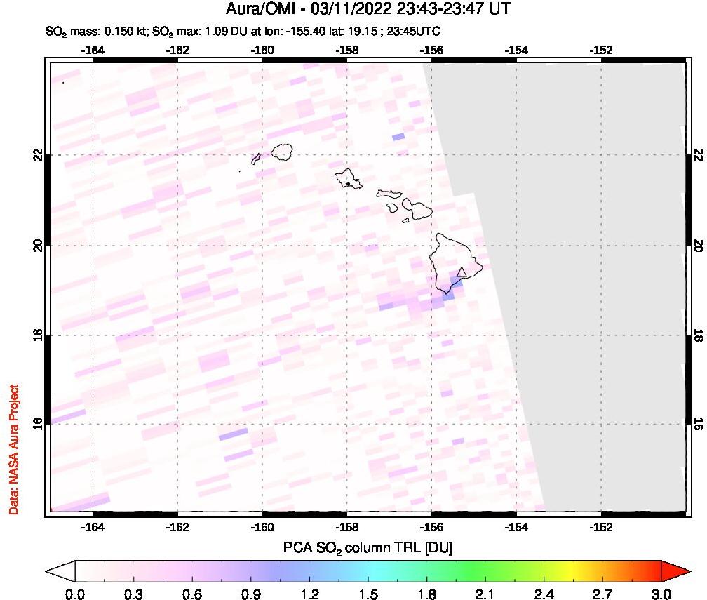 A sulfur dioxide image over Hawaii, USA on Mar 11, 2022.