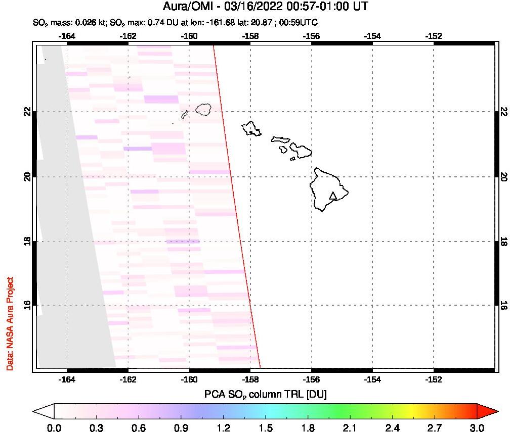 A sulfur dioxide image over Hawaii, USA on Mar 16, 2022.