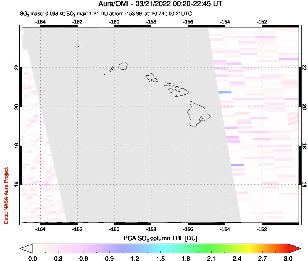 A sulfur dioxide image over Hawaii, USA on Mar 21, 2022.