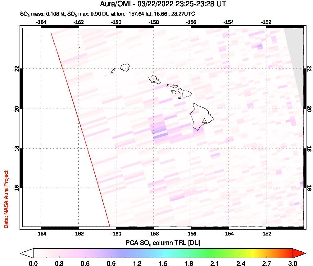 A sulfur dioxide image over Hawaii, USA on Mar 22, 2022.