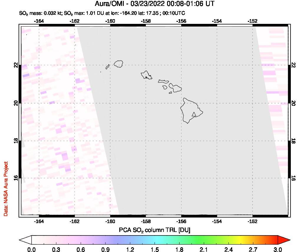 A sulfur dioxide image over Hawaii, USA on Mar 23, 2022.