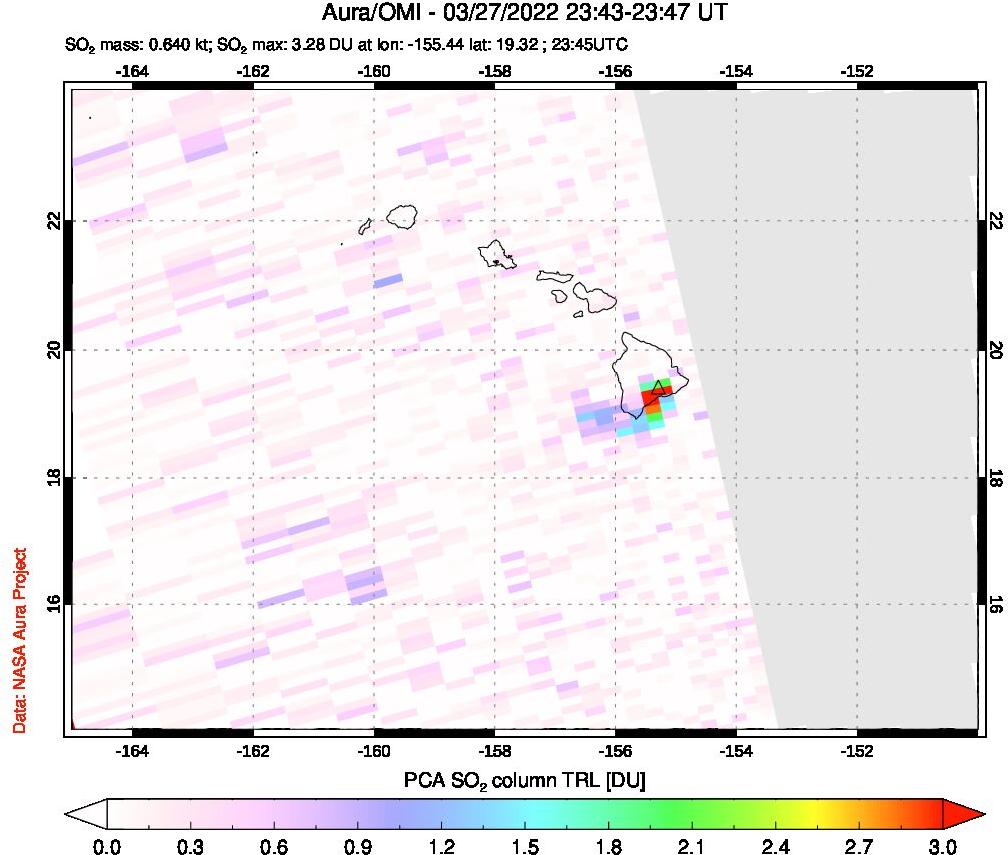 A sulfur dioxide image over Hawaii, USA on Mar 27, 2022.