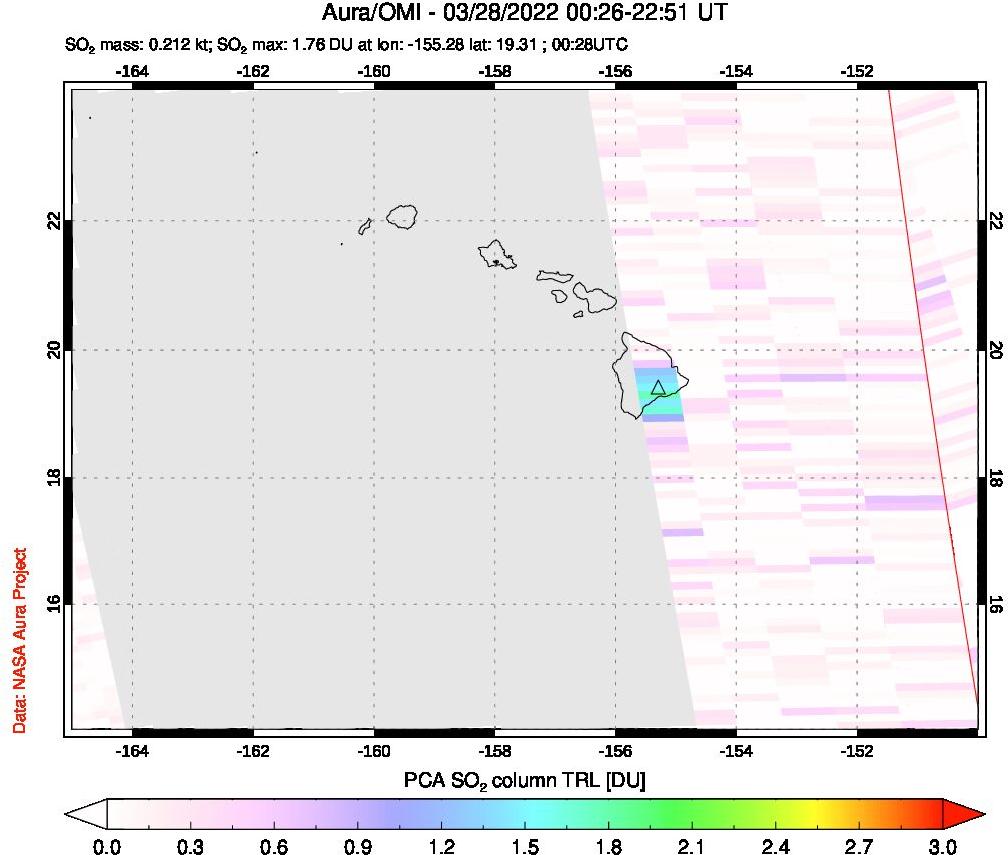 A sulfur dioxide image over Hawaii, USA on Mar 28, 2022.
