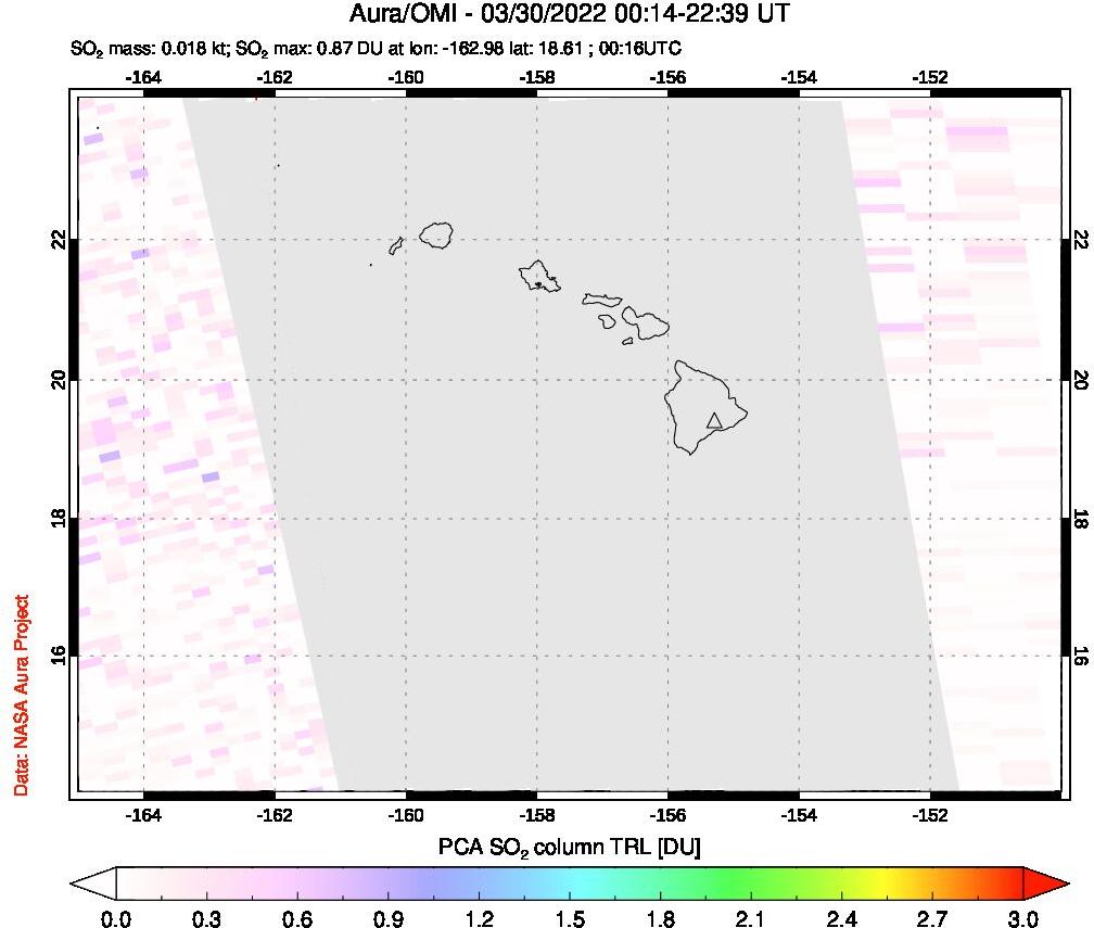 A sulfur dioxide image over Hawaii, USA on Mar 30, 2022.