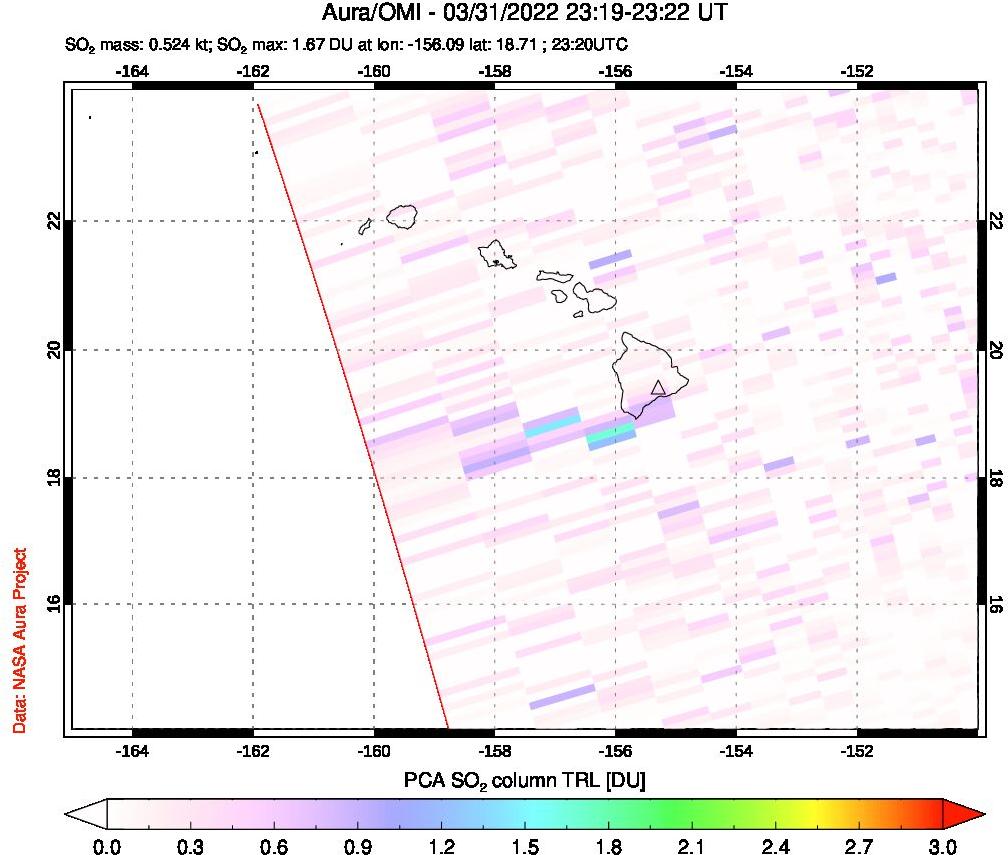 A sulfur dioxide image over Hawaii, USA on Mar 31, 2022.
