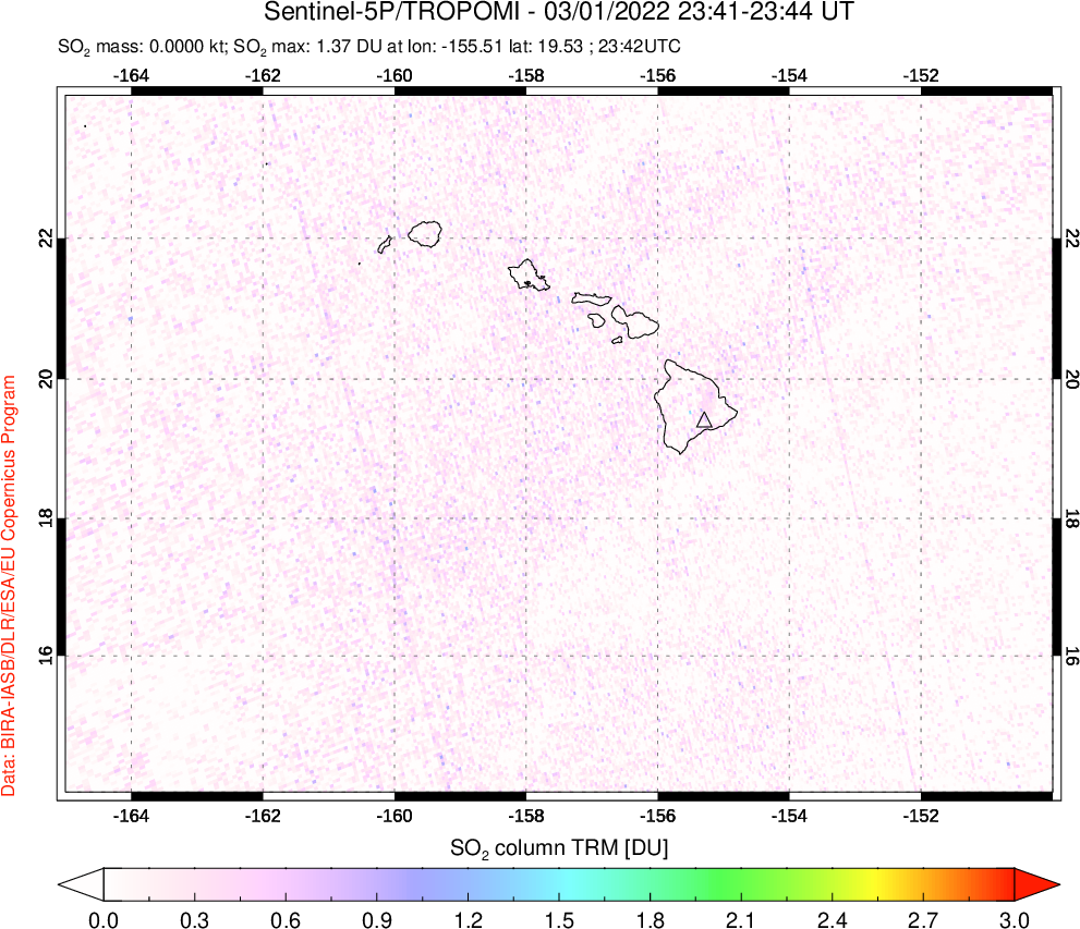 A sulfur dioxide image over Hawaii, USA on Mar 01, 2022.
