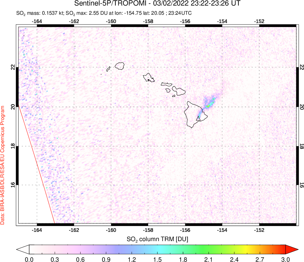 A sulfur dioxide image over Hawaii, USA on Mar 02, 2022.