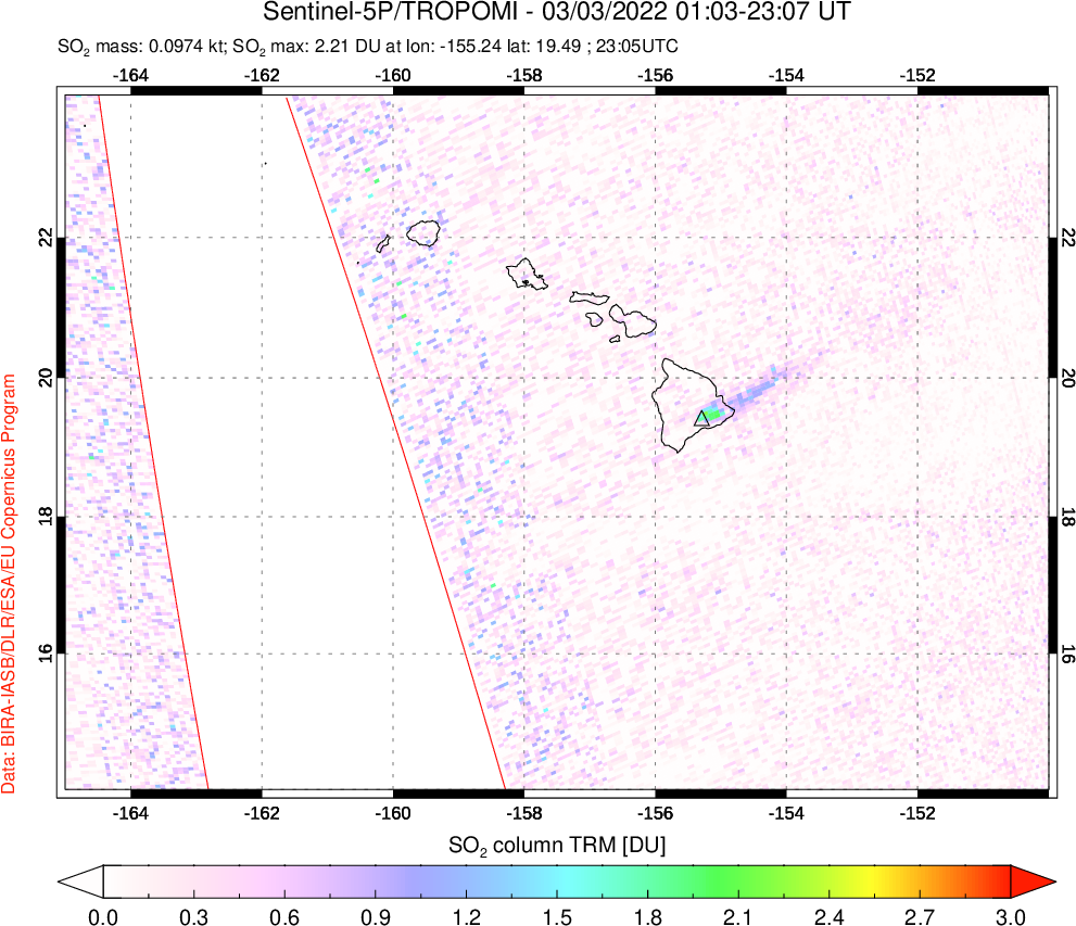 A sulfur dioxide image over Hawaii, USA on Mar 03, 2022.
