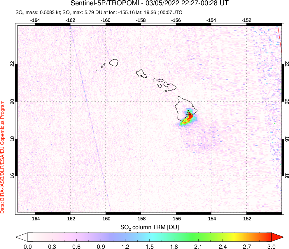 A sulfur dioxide image over Hawaii, USA on Mar 05, 2022.