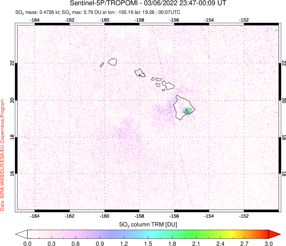 A sulfur dioxide image over Hawaii, USA on Mar 06, 2022.