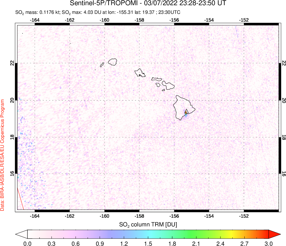 A sulfur dioxide image over Hawaii, USA on Mar 07, 2022.