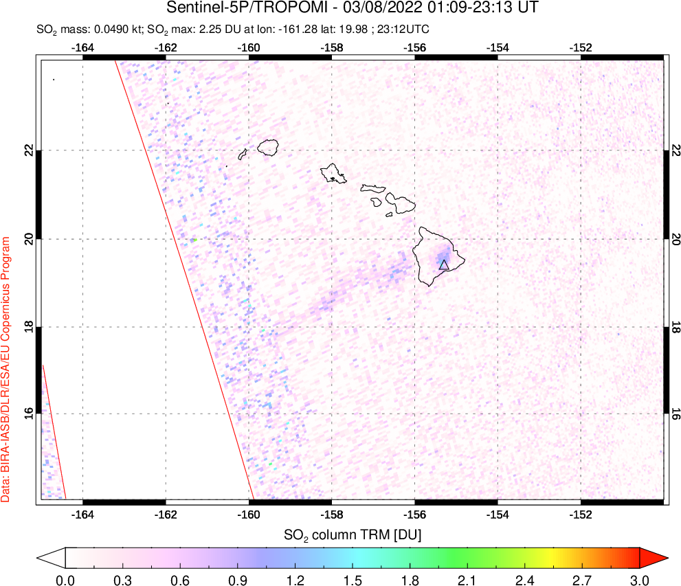 A sulfur dioxide image over Hawaii, USA on Mar 08, 2022.