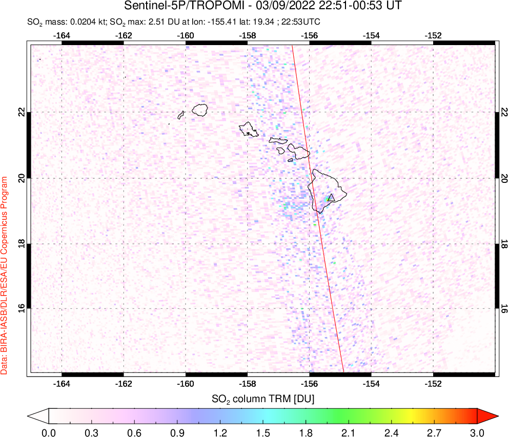 A sulfur dioxide image over Hawaii, USA on Mar 09, 2022.