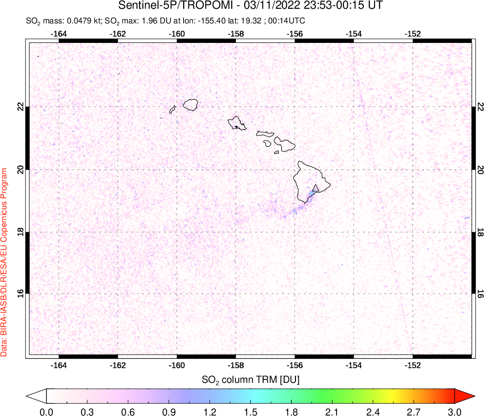 A sulfur dioxide image over Hawaii, USA on Mar 11, 2022.