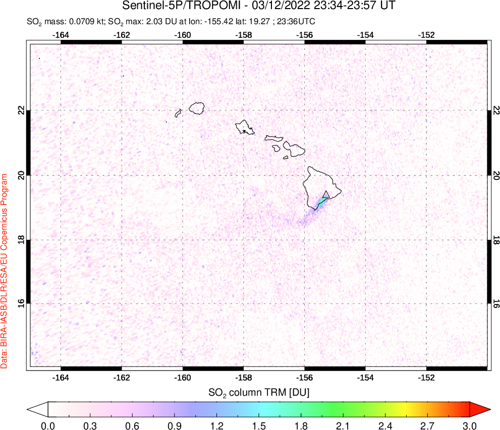 A sulfur dioxide image over Hawaii, USA on Mar 12, 2022.