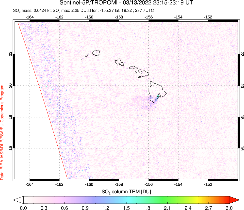 A sulfur dioxide image over Hawaii, USA on Mar 13, 2022.