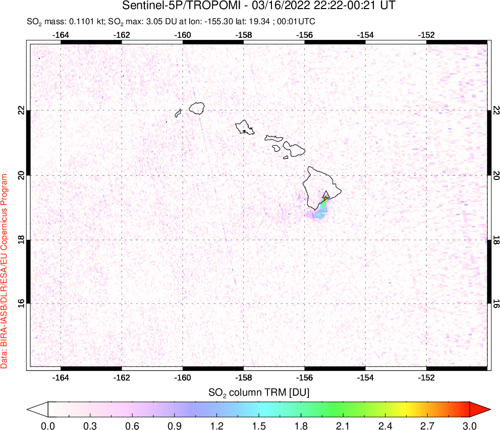 A sulfur dioxide image over Hawaii, USA on Mar 16, 2022.