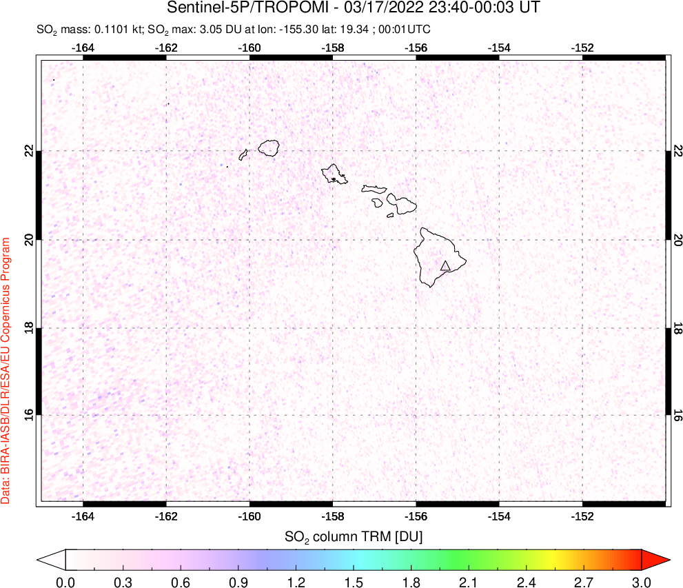 A sulfur dioxide image over Hawaii, USA on Mar 17, 2022.