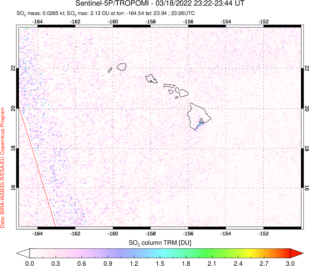 A sulfur dioxide image over Hawaii, USA on Mar 18, 2022.